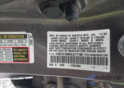 2009 Honda Civic Ex from USA, damaged, VIN 1HGFA16869L017196